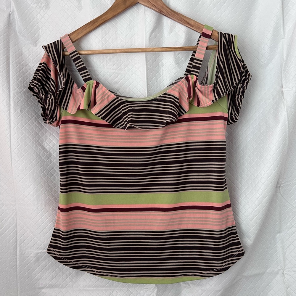 Chic Striped Ruffle Blouse in Pink and Green